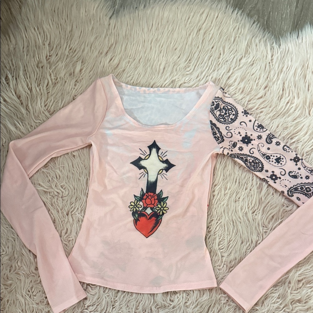 Ed hardy Pink Long Sleeve Top with Cross and cheetah / paisley Design